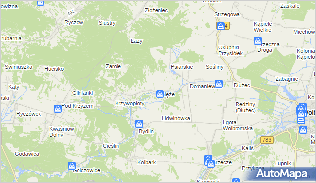 mapa Załęże gmina Wolbrom, Załęże gmina Wolbrom na mapie Targeo