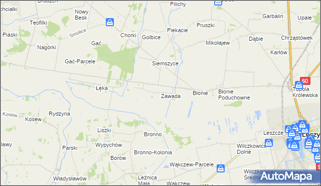 mapa Zawada gmina Łęczyca, Zawada gmina Łęczyca na mapie Targeo