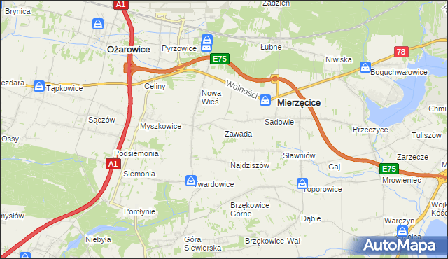 mapa Zawada gmina Mierzęcice, Zawada gmina Mierzęcice na mapie Targeo