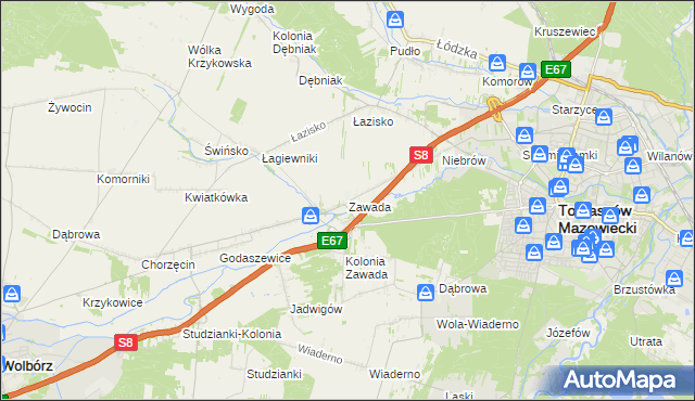 mapa Zawada gmina Tomaszów Mazowiecki, Zawada gmina Tomaszów Mazowiecki na mapie Targeo