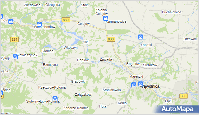 mapa Zawada gmina Wąwolnica, Zawada gmina Wąwolnica na mapie Targeo