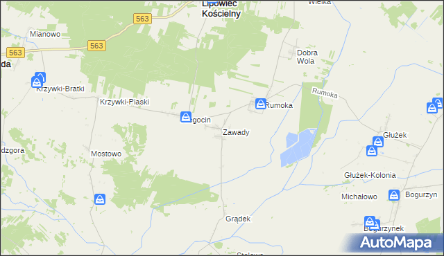 mapa Zawady gmina Lipowiec Kościelny, Zawady gmina Lipowiec Kościelny na mapie Targeo