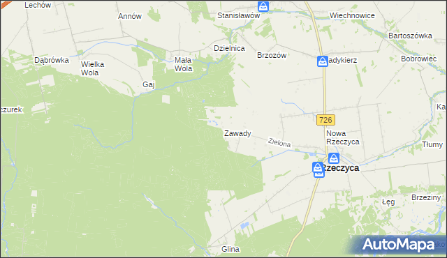 mapa Zawady gmina Rzeczyca, Zawady gmina Rzeczyca na mapie Targeo