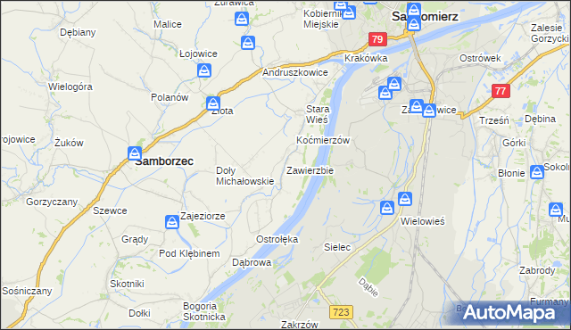 mapa Zawierzbie gmina Samborzec, Zawierzbie gmina Samborzec na mapie Targeo