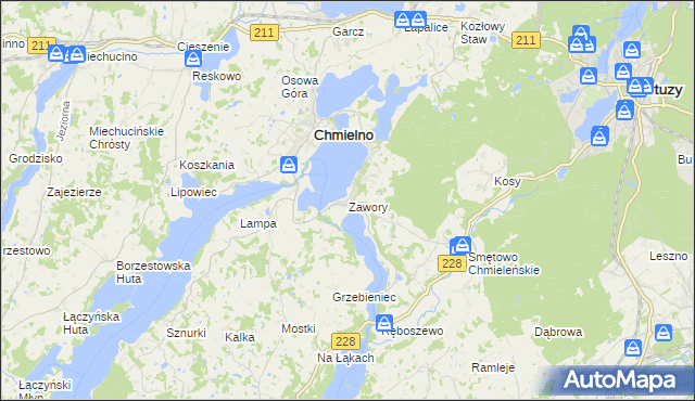 mapa Zawory gmina Chmielno, Zawory gmina Chmielno na mapie Targeo
