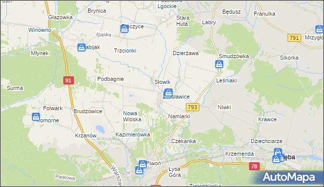 mapa Żelisławice gmina Siewierz, Żelisławice gmina Siewierz na mapie Targeo