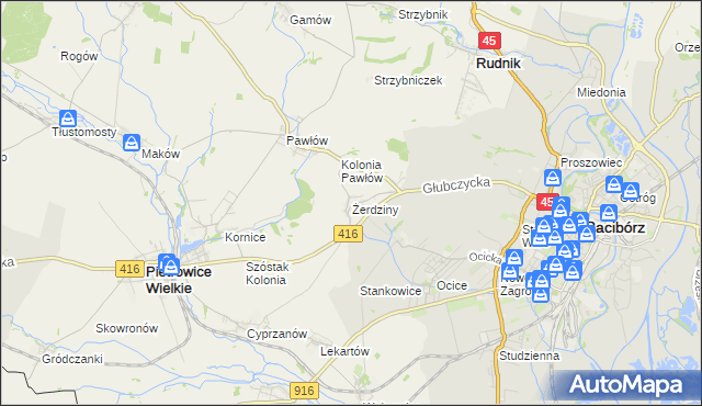 mapa Żerdziny gmina Pietrowice Wielkie, Żerdziny gmina Pietrowice Wielkie na mapie Targeo