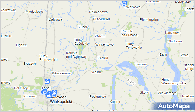 mapa Żerniki gmina Janowiec Wielkopolski, Żerniki gmina Janowiec Wielkopolski na mapie Targeo