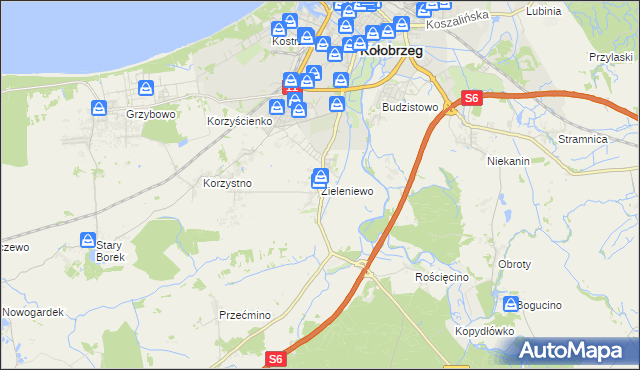 mapa Zieleniewo gmina Kołobrzeg, Zieleniewo gmina Kołobrzeg na mapie Targeo