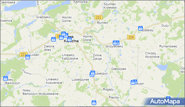 mapa Zimne Zdroje gmina Nowa Karczma, Zimne Zdroje gmina Nowa Karczma na mapie Targeo
