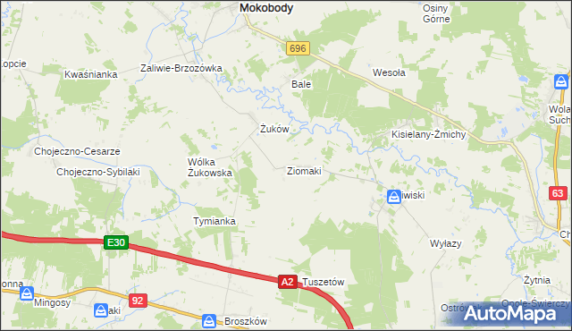mapa Ziomaki gmina Mokobody, Ziomaki gmina Mokobody na mapie Targeo