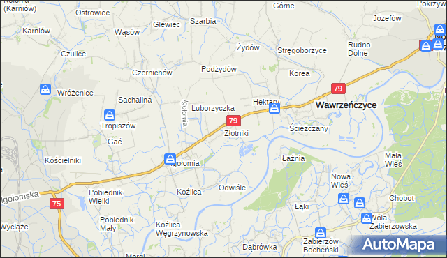 mapa Złotniki gmina Igołomia-Wawrzeńczyce, Złotniki gmina Igołomia-Wawrzeńczyce na mapie Targeo