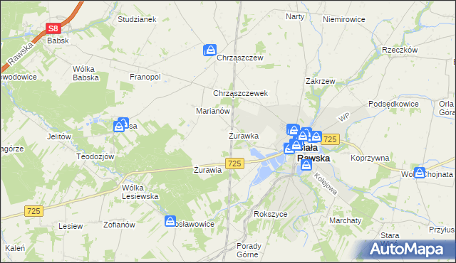 mapa Żurawka gmina Biała Rawska, Żurawka gmina Biała Rawska na mapie Targeo