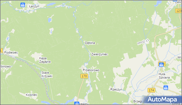 mapa Zwierzyniec gmina Krzyż Wielkopolski, Zwierzyniec gmina Krzyż Wielkopolski na mapie Targeo