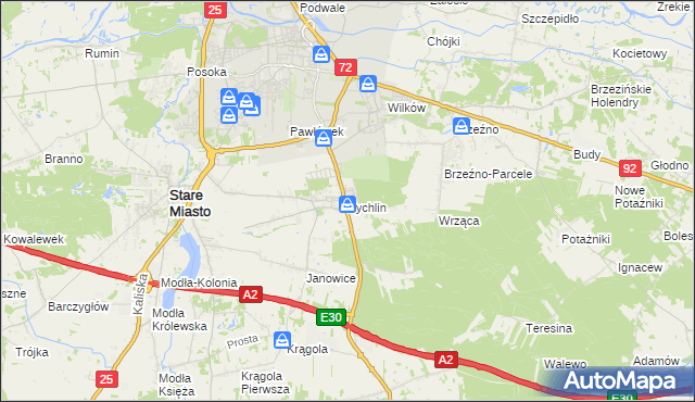 mapa Żychlin gmina Stare Miasto, Żychlin gmina Stare Miasto na mapie Targeo