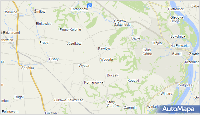 mapa Wygoda gmina Zawichost, Wygoda gmina Zawichost na mapie Targeo