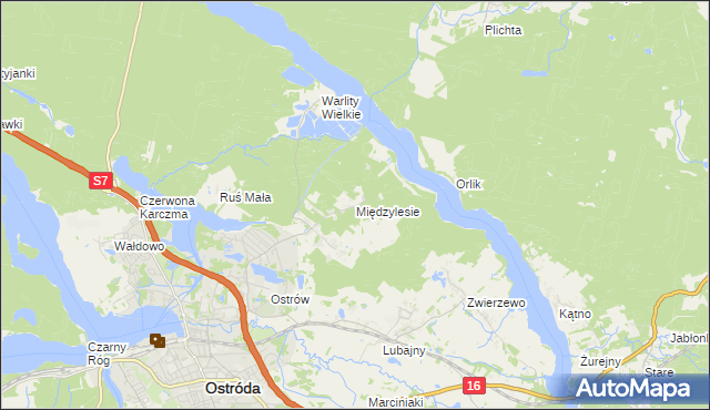 mapa Międzylesie gmina Ostróda, Międzylesie gmina Ostróda na mapie Targeo