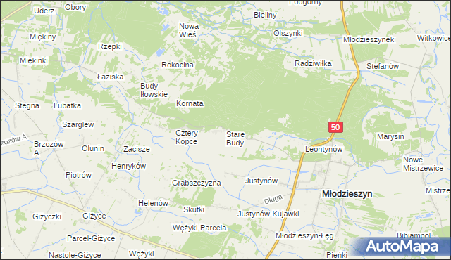 mapa Stare Budy gmina Młodzieszyn, Stare Budy gmina Młodzieszyn na mapie Targeo
