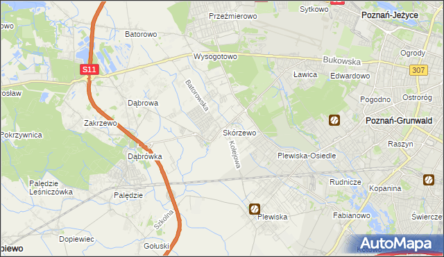 mapa Skórzewo gmina Dopiewo, Skórzewo gmina Dopiewo na mapie Targeo