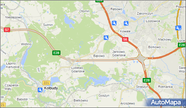 mapa Bąkowo gmina Kolbudy, Bąkowo gmina Kolbudy na mapie Targeo