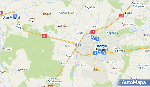 mapa Biała gmina Radzyń Podlaski, Biała gmina Radzyń Podlaski na mapie Targeo