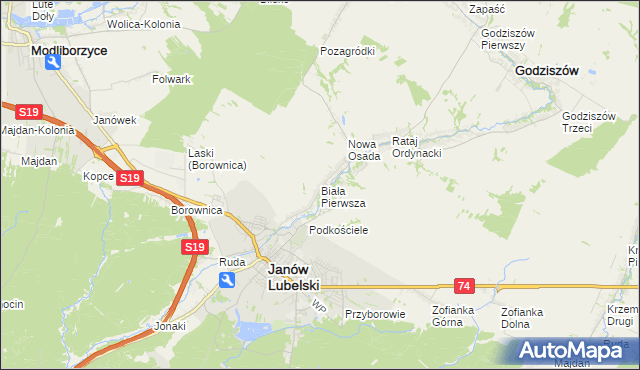 mapa Biała Pierwsza gmina Janów Lubelski, Biała Pierwsza gmina Janów Lubelski na mapie Targeo