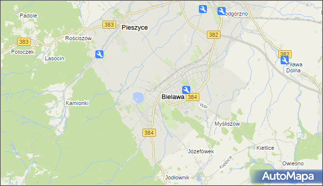 mapa Bielawa powiat dzierżoniowski, Bielawa powiat dzierżoniowski na mapie Targeo