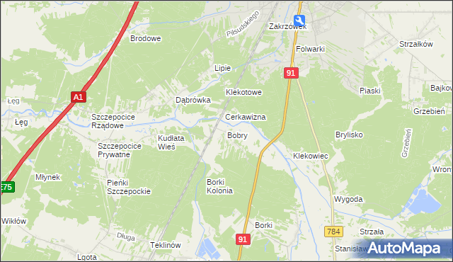mapa Bobry gmina Radomsko, Bobry gmina Radomsko na mapie Targeo