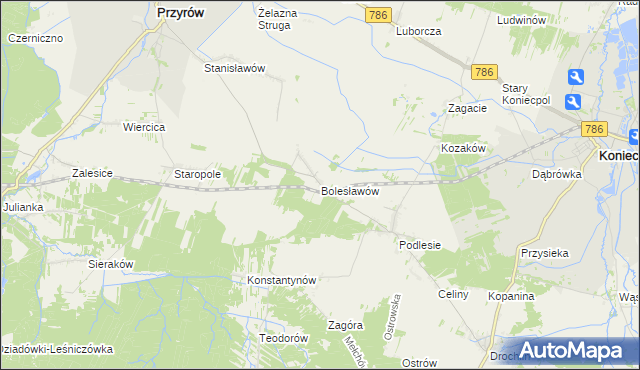 mapa Bolesławów gmina Przyrów, Bolesławów gmina Przyrów na mapie Targeo
