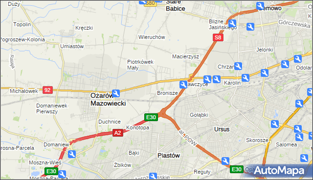 mapa Bronisze gmina Ożarów Mazowiecki, Bronisze gmina Ożarów Mazowiecki na mapie Targeo