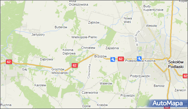 mapa Brzozów gmina Sokołów Podlaski, Brzozów gmina Sokołów Podlaski na mapie Targeo