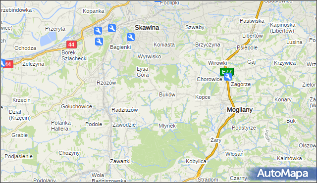 mapa Buków gmina Mogilany, Buków gmina Mogilany na mapie Targeo