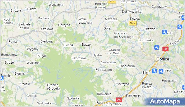 mapa Bystra gmina Gorlice, Bystra gmina Gorlice na mapie Targeo