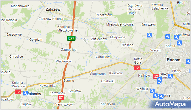 mapa Cerekiew gmina Zakrzew, Cerekiew gmina Zakrzew na mapie Targeo
