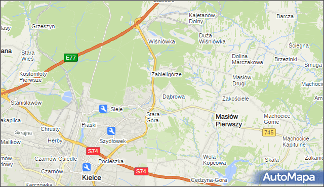 mapa Dąbrowa gmina Masłów, Dąbrowa gmina Masłów na mapie Targeo