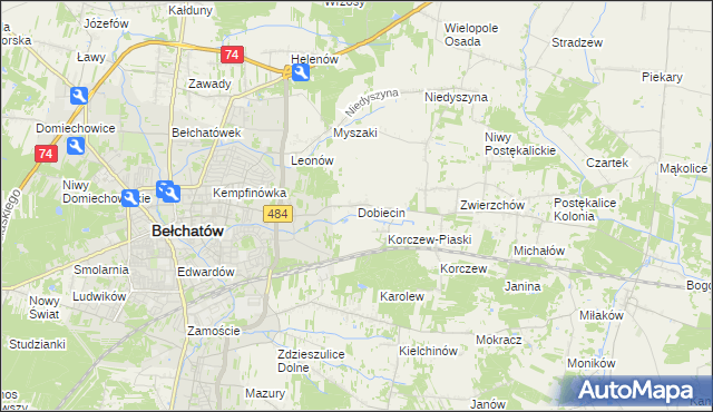 mapa Dobiecin gmina Bełchatów, Dobiecin gmina Bełchatów na mapie Targeo