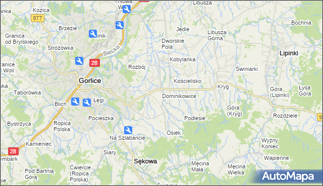 mapa Dominikowice gmina Gorlice, Dominikowice gmina Gorlice na mapie Targeo