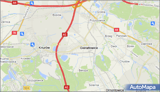 mapa Gierałtowice powiat gliwicki, Gierałtowice powiat gliwicki na mapie Targeo