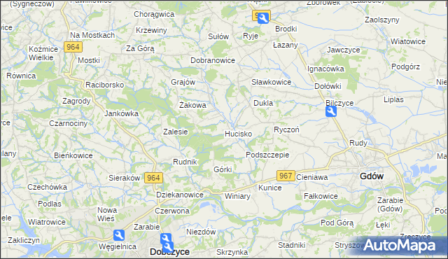 mapa Hucisko gmina Gdów, Hucisko gmina Gdów na mapie Targeo