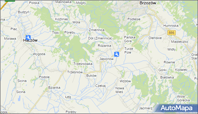 mapa Jasionów gmina Haczów, Jasionów gmina Haczów na mapie Targeo