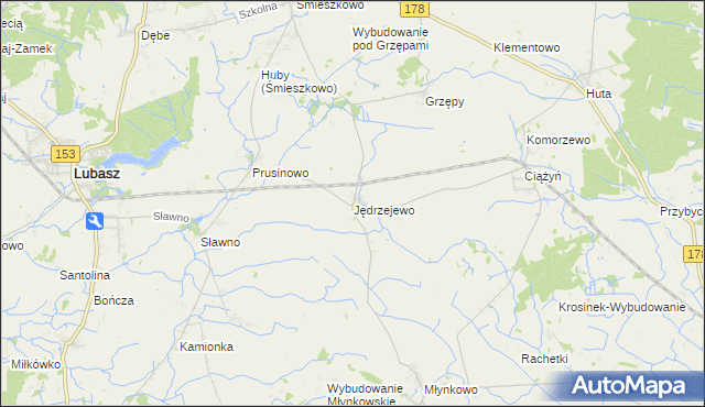 mapa Jędrzejewo gmina Lubasz, Jędrzejewo gmina Lubasz na mapie Targeo