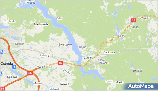 mapa Kątno gmina Ostróda, Kątno gmina Ostróda na mapie Targeo