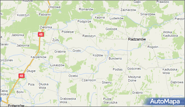 mapa Kozłów gmina Radzanów, Kozłów gmina Radzanów na mapie Targeo