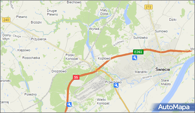 mapa Kozłowo gmina Świecie, Kozłowo gmina Świecie na mapie Targeo