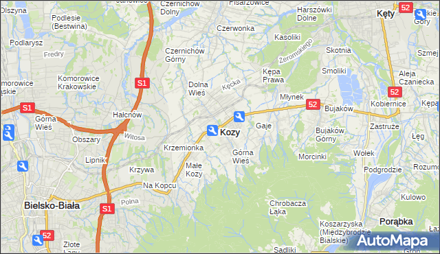 mapa Kozy powiat bielski, Kozy powiat bielski na mapie Targeo