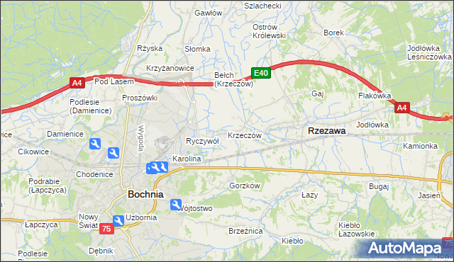 mapa Krzeczów gmina Rzezawa, Krzeczów gmina Rzezawa na mapie Targeo