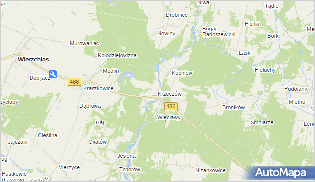 mapa Krzeczów gmina Wierzchlas, Krzeczów gmina Wierzchlas na mapie Targeo