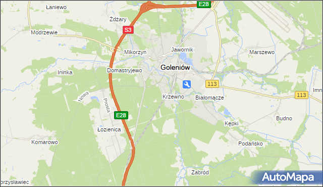 mapa Krzewno gmina Goleniów, Krzewno gmina Goleniów na mapie Targeo
