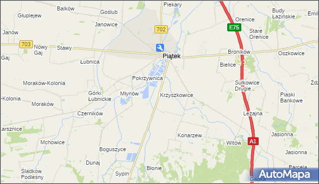 mapa Krzyszkowice gmina Piątek, Krzyszkowice gmina Piątek na mapie Targeo