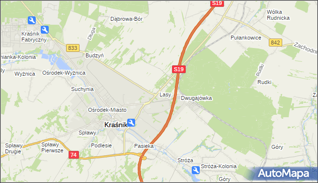 mapa Lasy gmina Kraśnik, Lasy gmina Kraśnik na mapie Targeo